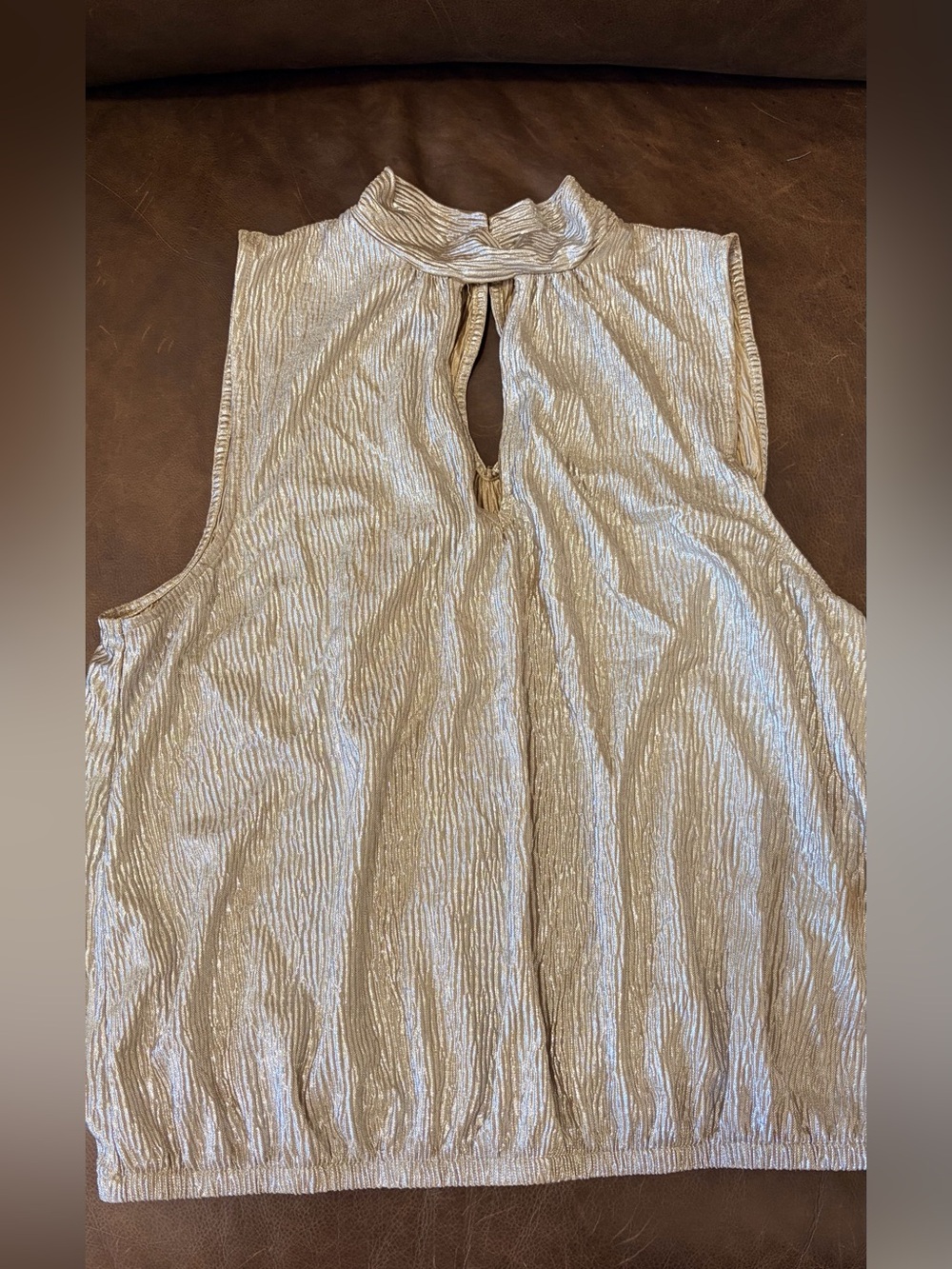 Express Sleeveless Metallic Mock Neck Blouse in Champagne